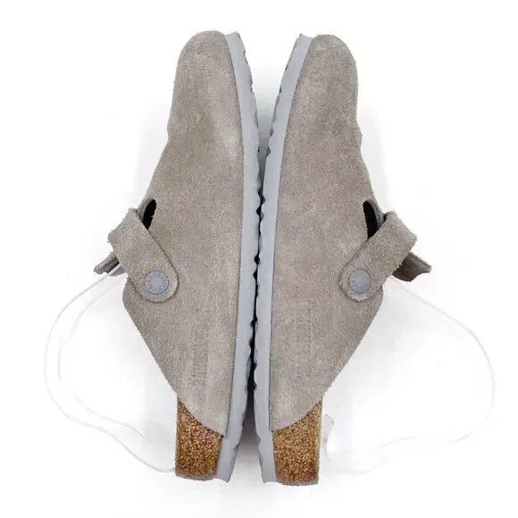 SOLD-Birkenstock Boston Mules Grey Suede Leather Soft Footbed Sz 39 / 8 NARROW - Picture 4 of 8